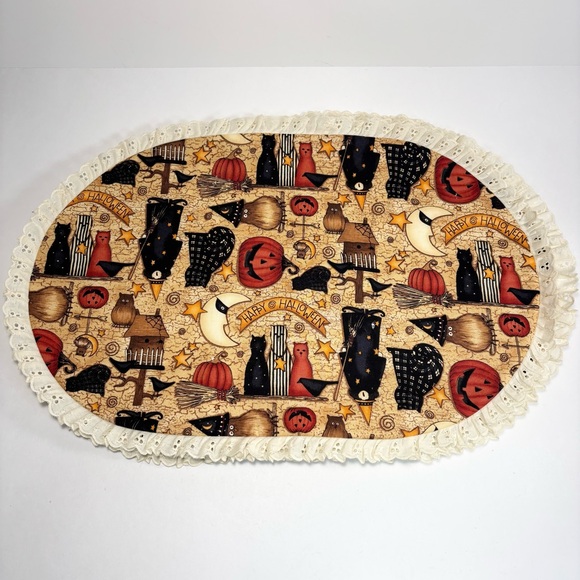 Other - Halloween Themed‎ Oval Placemat Lace Trim Witch pumpkin cat orange fall decor 3